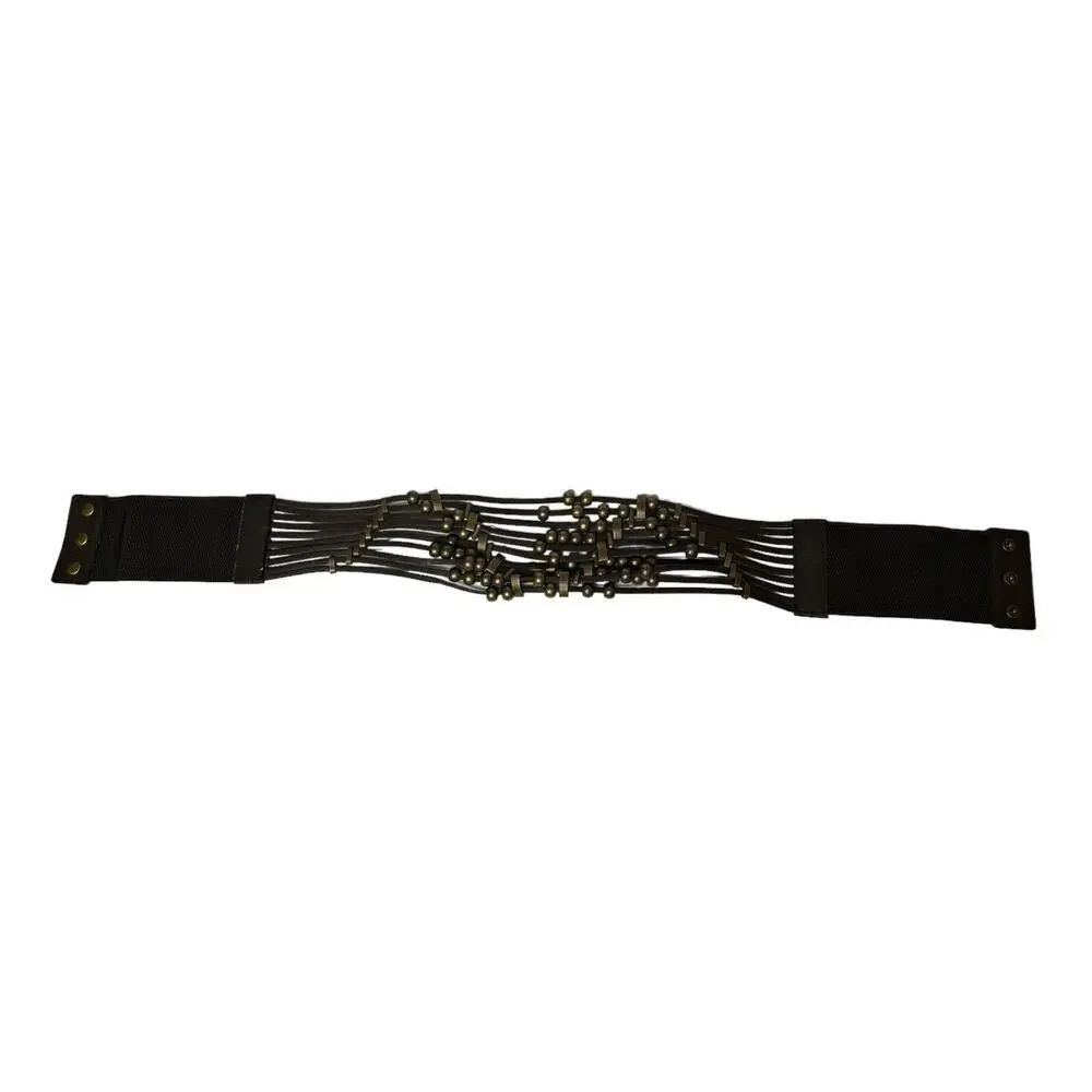 Vintage ANGIE Wide Brown Beaded Faux Leather Elastic Stretch Snap Closure‎ Belt